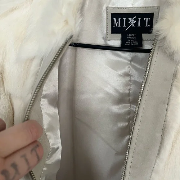 Mixit Vintage sz L cream/ taupe Y2K Real Rabbit Fur & Leather Bomber Jacket - Picture 3 of 15